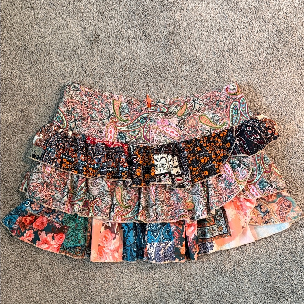 SHEIN Pink Multi Paisley & Floral Tiered Mini Skirt
